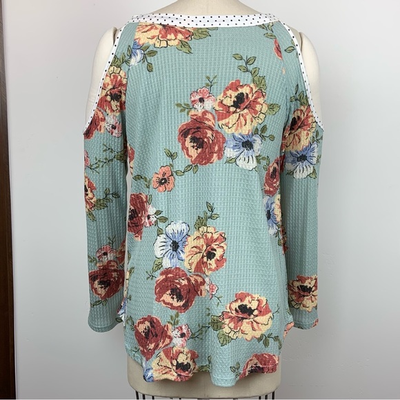 Oddi Retro Spring Floral Rose Polka Dot Teal Cutout Cold Shoulder Bow Top - Picture 13 of 16